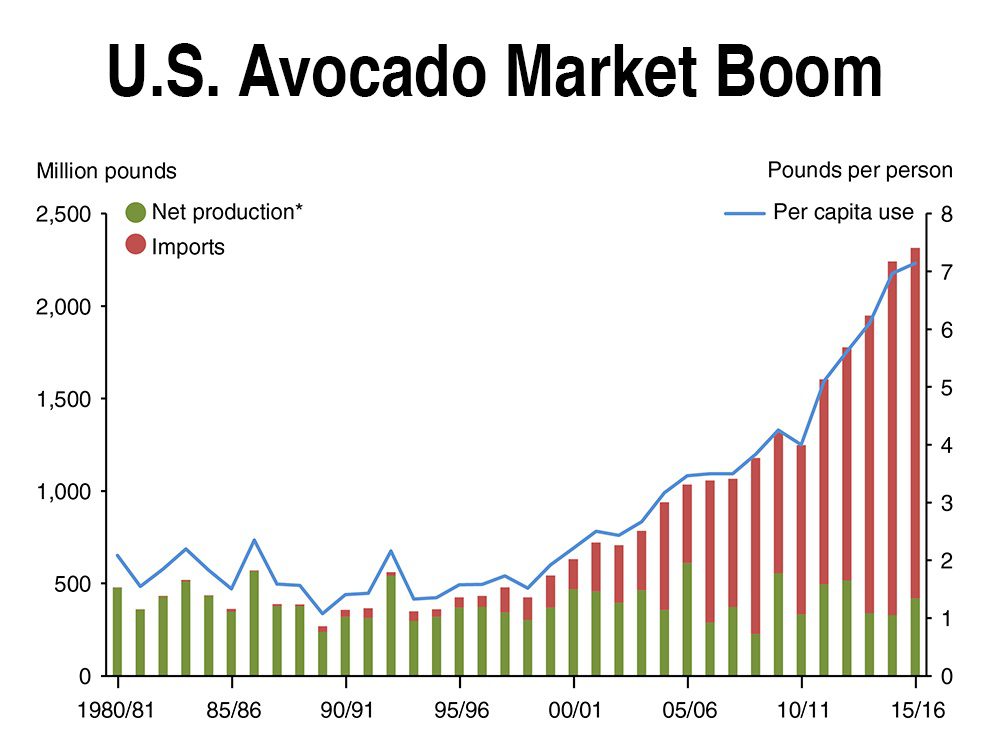 The U.S. market for avocados dwarfs every other country, and the rapid growth shows little sign of stopping. If Colombian growers can export avocados in large quantities, the economic potential is vast. (Chart via USDA)