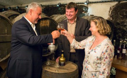Photo: Hernan Parra, the master distiller of Dictator, celebrates the 2 Masters alliance with Mickaël Bouilly, cellar master of Hardy Cognac), and Bénédicte Hardy, owner of Hardy Cognac. (Credit: Dictador)