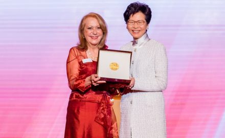 Vicky Colbert was awarded the first Yidan Prize for Educational Development by Hong Kong Chief Executive Carrie Lam. (Credit: Jared Wade)