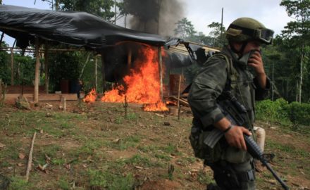 Colombian law enforcement burn a coca laboratory in the Colombian department of Narino. (Credit: Policía Nacional de Colombia / AP, William Fernando Martinez)