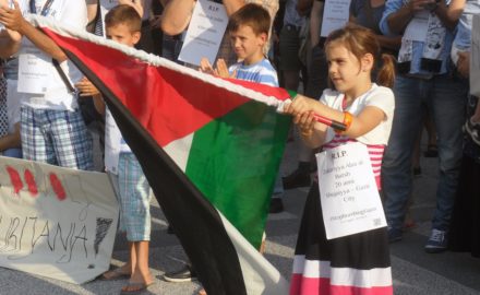 A young girl waves a Palestine flag during a 2014 protest in Slovenia. (Photo credit: MZaplotnik)