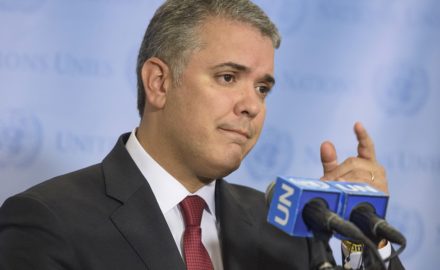 Photo: Iván Duque Márquez, president of Colombia, briefs reporters during the U.N. General Assembly. (Photo credit: UN Photo/Loey Felipe)