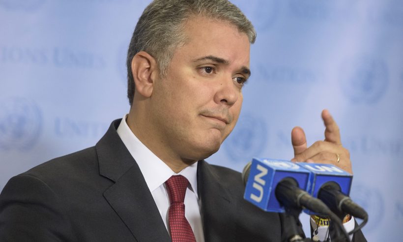 Photo: Iván Duque Márquez, president of Colombia, briefs reporters during the U.N. General Assembly. (Photo credit: UN Photo/Loey Felipe)