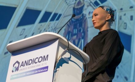 Sophia the Robot speaks on stage during Andicom 2018 in Cartagena, Colombia. (Photo credit: Jared Wade)