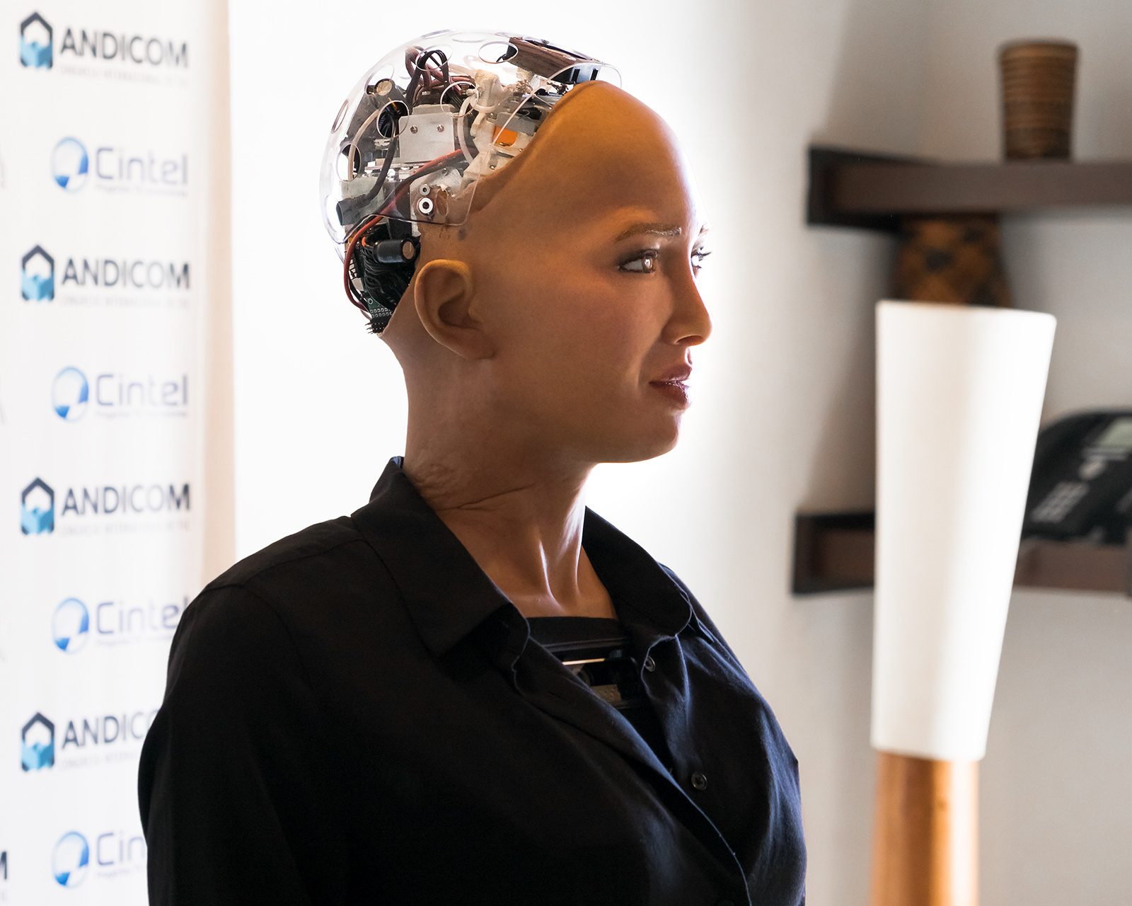 Sophia speaks during a media event at Andicom 2018 in Cartagena, Colombia. (Photo credit: Jared Wade)