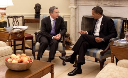 President Barack Obama meets with President Álvaro Uribe of Colombia in the Oval Office of the White House, June 29, 2009. (Official White House Photo by Pete Souza)