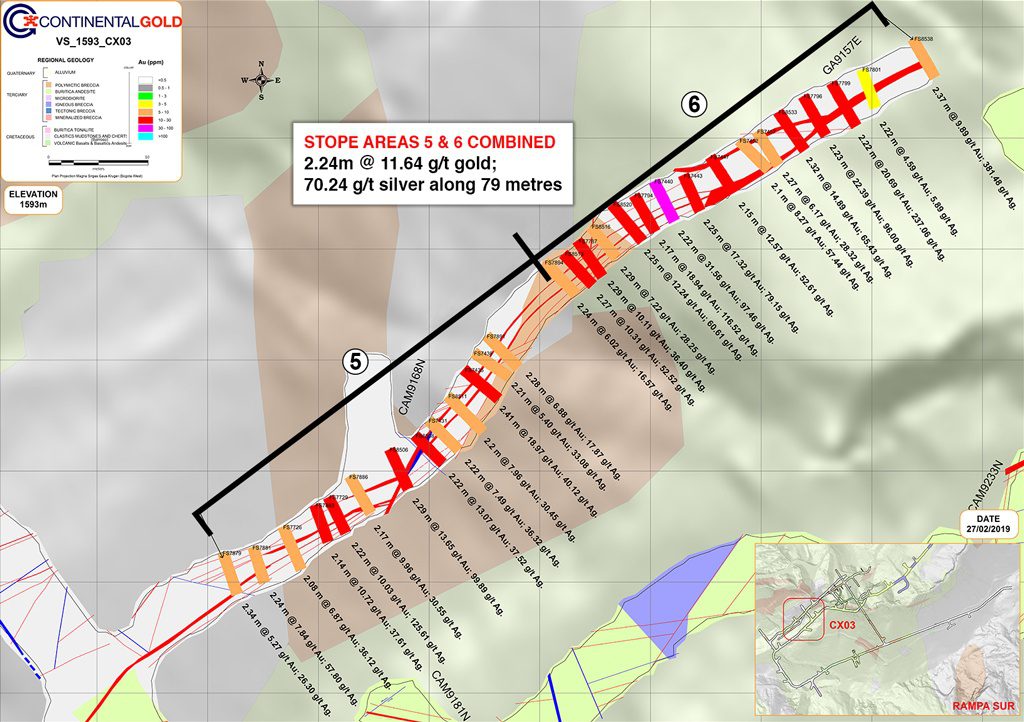 Figure 2 – Stope Areas 5 and 6 located in the Western Portion of the Veta Sur System at 1,593 RL
