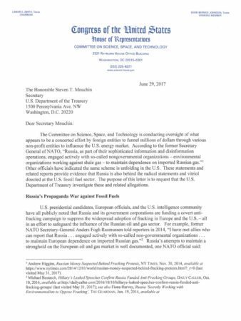 Download by clicking here the entire 6 page letter from the US Congress exposing detailed specifics on how members of the House Committee on Science, Space and Technology believe the Russian government funneled millions through Klein, Ltd. A Bermuda Shell Company, through a San Francisco conduit entity, then to unwitting environmental activist groups who likely had no idea they were being made pawns of Vladimir Putin in a game of geopolitics against the free world.