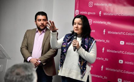 Sylvia Constain, Colombia's Minister of Information Technology & Communications (with microphone)