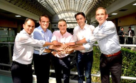 left to right: Carlos Moreno, Latam Regional CFO of LafargeHolcim, Jochen Werling, Group CIO LafargeHolcim, Anibal Gaviria Correa, Governor of Antioquia, Daniel Quintero Calle, Mayor of Medellin and Alejandro Carballido Americas Digital Center Head LafargeHolcim.