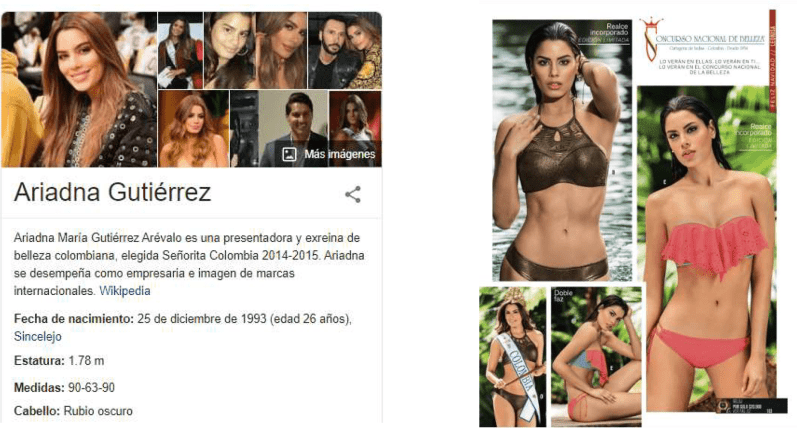 Ariadna Gutierrez is a former Miss Colombia who hails from Sincelejo, a small city near Cartagena. Gutiérrez suffered bullying and social media attacks for simply posting an unretouched teenage photo of herself without professional makeup or "photoshopping" which more clearly shows her indigenous roots.