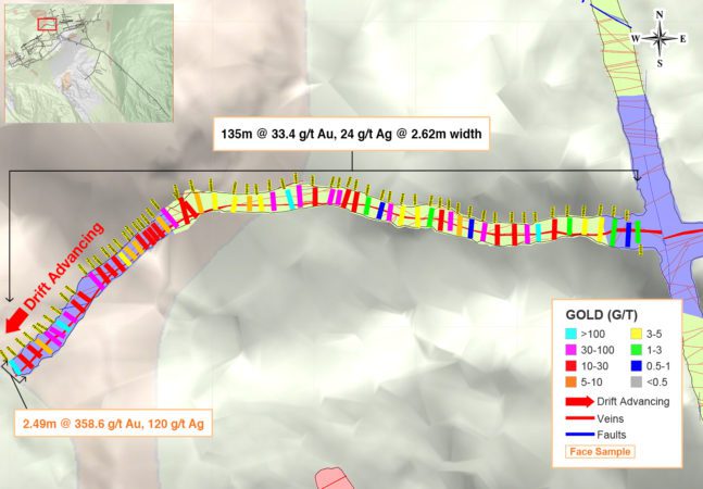 Figure 2: Underground Channel Sampling Results from the Cassandra Vein in the Western Portion of the Yaraguá System, Sublevel 1175