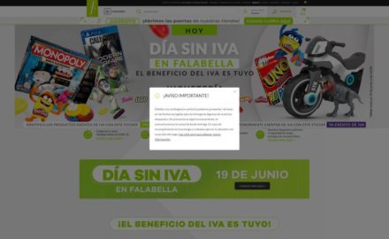 Screenshot of Falabella page with consumer warning