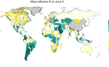 The above IHME map shows the mean value (across the 1,000 regressions that IHME runs in its SEIR model) of effective reproductive number, R, on June 9. Infections on June 9 roughly correspond to cases of COVID-19 on June 20 given the average duration of 11 days between infection and being reported as a case. Where this value is greater than 1, it means that every person infected with COVID-19 will produce more than one additional infected person. To successfully eliminate a disease from a population, R needs to be less than 1. The map shows that on June 9 in many parts of the world, R was lower than 1, including many parts of North America, Europe, Africa, India, Australia, and New Zealand. Locations that are showing effective R values greater than 1, which means that the number of cases of COVID-19 in the population is growing, include several states in India, the US, Mexico, and Brazil, as well as many countries in the Southern Hemisphere, such as Argentina, Chile, and Indonesia. Several countries in the Middle East, including Egypt, Saudi Arabia, Iraq, and Yemen, as well as Turkey and Iran, also had R values greater than 1 as recently as two weeks ago.
