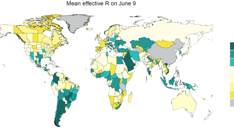The above IHME map shows the mean value (across the 1,000 regressions that IHME runs in its SEIR model) of effective reproductive number, R, on June 9. Infections on June 9 roughly correspond to cases of COVID-19 on June 20 given the average duration of 11 days between infection and being reported as a case. Where this value is greater than 1, it means that every person infected with COVID-19 will produce more than one additional infected person. To successfully eliminate a disease from a population, R needs to be less than 1. The map shows that on June 9 in many parts of the world, R was lower than 1, including many parts of North America, Europe, Africa, India, Australia, and New Zealand. Locations that are showing effective R values greater than 1, which means that the number of cases of COVID-19 in the population is growing, include several states in India, the US, Mexico, and Brazil, as well as many countries in the Southern Hemisphere, such as Argentina, Chile, and Indonesia. Several countries in the Middle East, including Egypt, Saudi Arabia, Iraq, and Yemen, as well as Turkey and Iran, also had R values greater than 1 as recently as two weeks ago.