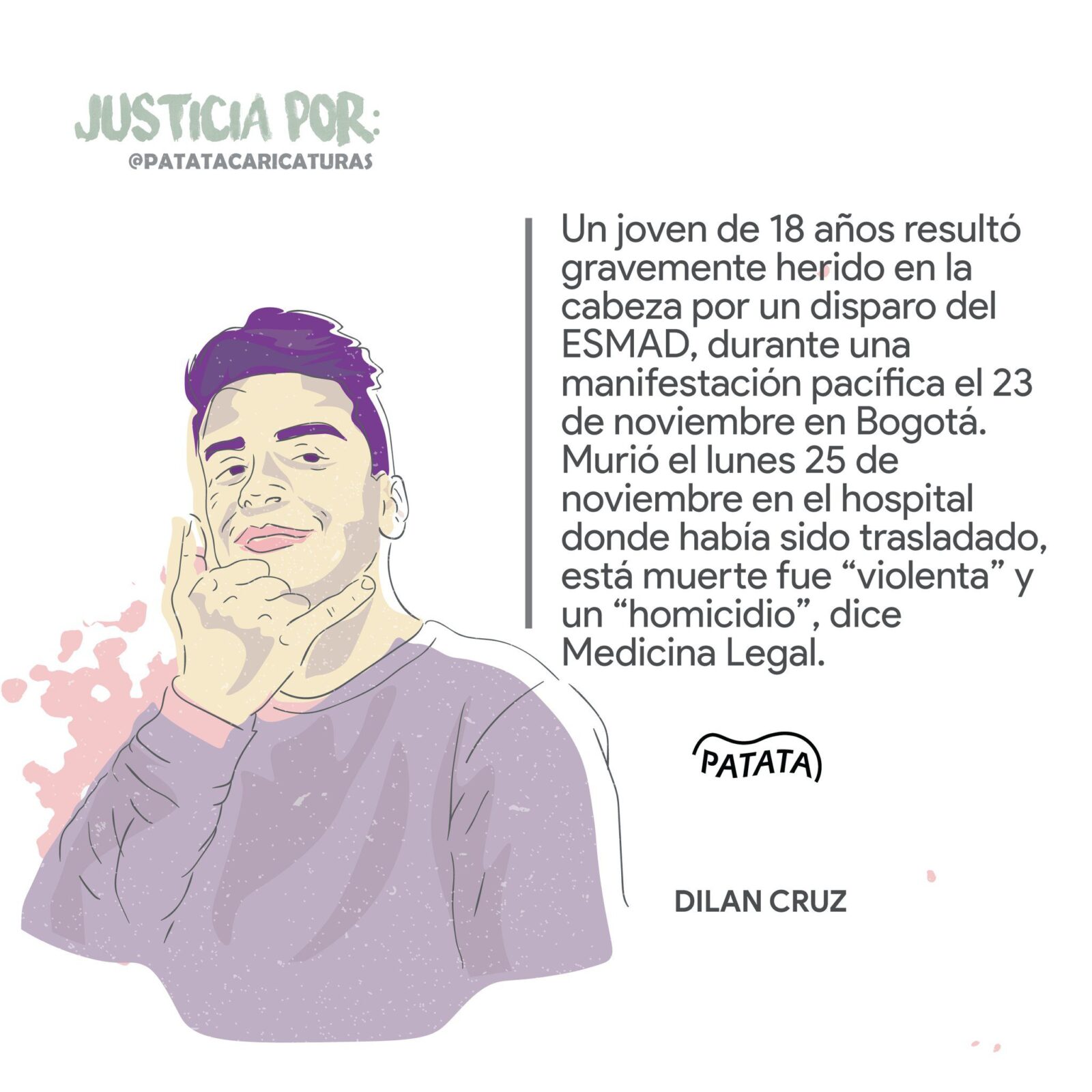 During last November’s national protests, 18 year old Dilan Cruz, protesting peacefully, not rioting, was shot in the head by ESMAD on November 23. He died two days later. Graphic courtesy of @PATATAdibujo on Twitter