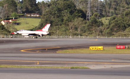 A US Air Force Thunderbirds F-16 Takes off from Medellín's International Airport (photo © Loren Moss)