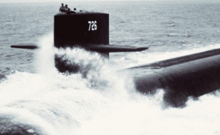 An aerial port bow view of the nuclear-powered strategic missile submarine USS OHIO SSBN-726 underway