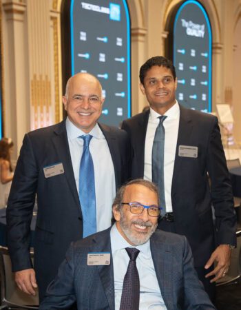 Tecnoglass COO Christian Daes (l), CEO José Manuel Daes (seated), joined by Ignacio Guatibonza Guerra of BakerTilly (photo Loren Moss)