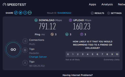 Tigo speed reading outside of Medellín