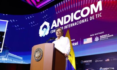 Colombian President Gustavo Petro presents at ANDICOM