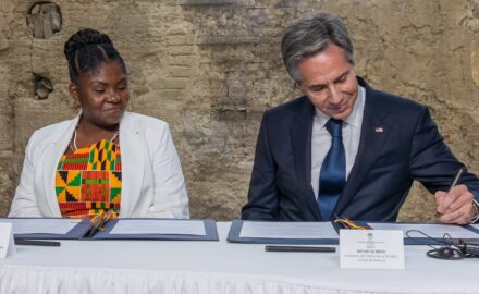 Secretary of State Antony J. Blinken tours Fragmentos Museum and delivers remarks at a signing ceremony to support the comprehensive implementation of the Ethnic Chapter of the 2016 Peace Accord, with Colombian Vice President Francia Márquez, in Bogota, Colombia, on October 3, 2022. [State Department photo by Ron Przysucha/ Public Domain]