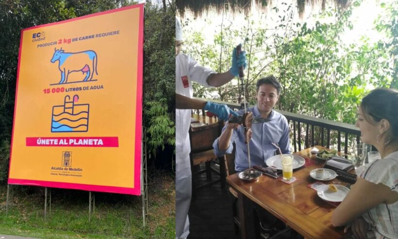 ¡Vamos a vivir sabroso! Daniel Quintero's anti-meat campaign, Daniel Quintero ready for steak. (Photos: Twitter account of José Félix Lafurie)