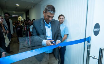 Partha DeSarkar, group CEO of HGS, inaugurates HGS’ new facility in Barranquilla on Tuesday.