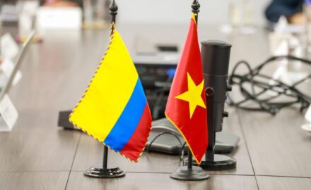A Colombian and Vietnam flag sit side by side on a desk.