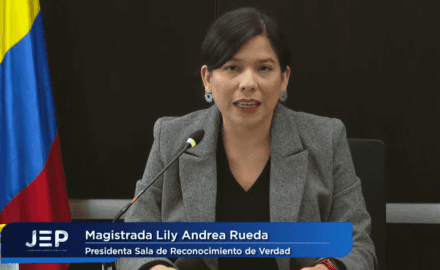 Lily Andrea Rueda speaks during the JEP announcement of the new 