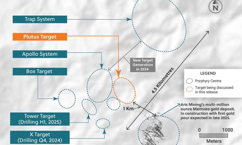 Plan View of the Plutus Target Highlighting Drill Results Announced in This Release and its Proximity to the Marmato Mining Complex