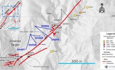 Figure 1. Plan view of the Jimenez vein system showing the drill holes reported in this release (Table 1), drilling and channel samples previously reported and reported in this release (Table 2). Silver equivalent (AgEq) was calculated using the prices, recovery and grades of each element using the formula given in the silver equivalent note. (CNW Group/Outcrop Silver & Gold Corporation)