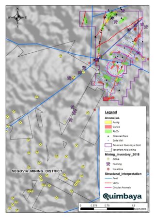 Mobile Metal Ion (MMI) soil sampling, channel rock sampling, anomalies of Au/Ag, Pb/Zn, Cu/Mo and structural interpretation on the Tahami South Vein Systems. (CNW Group/Quimbaya Gold Inc.)
