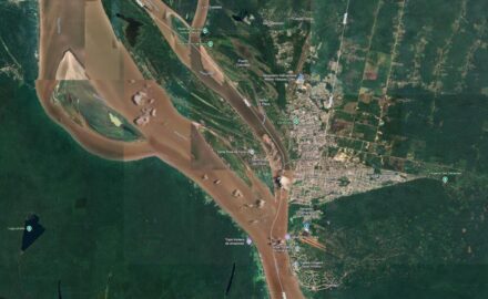 Aerial view of Leticia, Colombia, Tabatinga, Brazil, and Santa Rosa Peru, on the Amazon River. Satellite image by Google Earth.