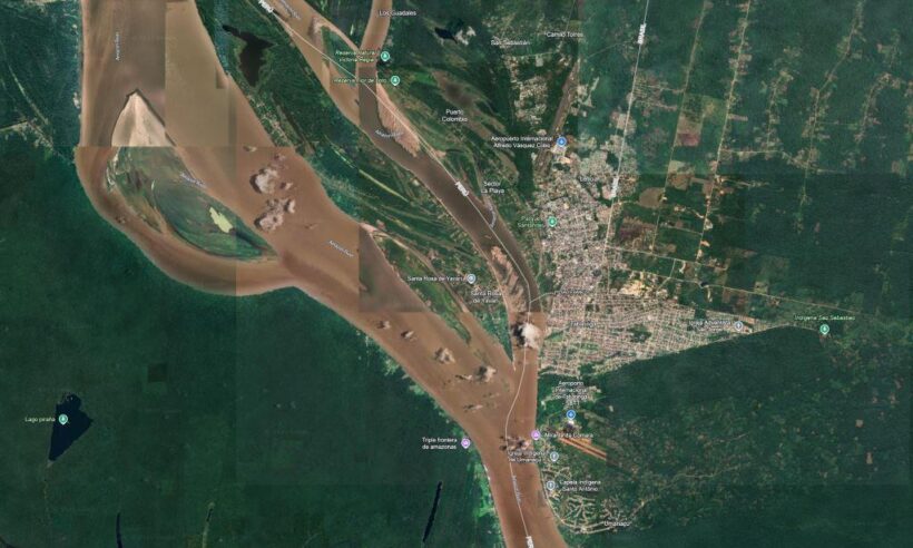Aerial view of Leticia, Colombia, Tabatinga, Brazil, and Santa Rosa Peru, on the Amazon River. Satellite image by Google Earth.