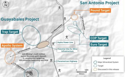 Figure 4: Plan View of the San Antonio and Guayabales Projects Highlighting the Pound Target and the Apollo System (CNW Group/Collective Mining Ltd.)