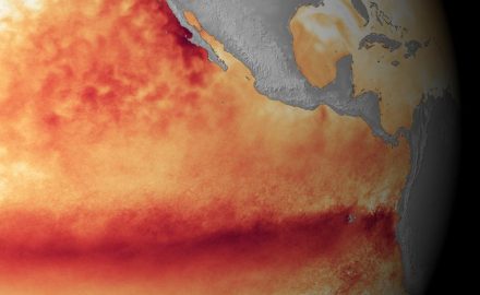 Satellite sea surface temperature departure in the Pacific Ocean for the month of October 2015, where darker orange-red colors are above normal temperatures and are indicative of El Niño. (Image credit: NOAA)