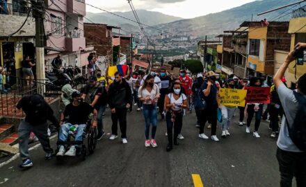 Headline photo: Peaceful protesters in the Medellรญn neighborhood of San Javier (photo: Julian Padierna)