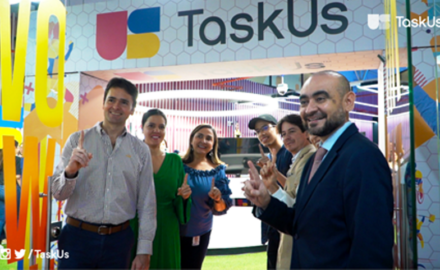 From left to right: Alejandro Ossa, Invest Pacific Director; Liliana Sierra, Secretary of Economic Development; Diana Muรฑoz, Director of the International Cooperation Office; Alejandro Alvira, a TaskUs teammate; Guillermo Ulloa, Vice President of Operations; Isabella Mariรฑo, Director of ProColombia; and Fabian Saavedra, Director of PacificShore.