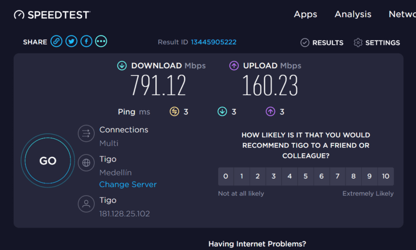 Tigo speed reading outside of Medellín