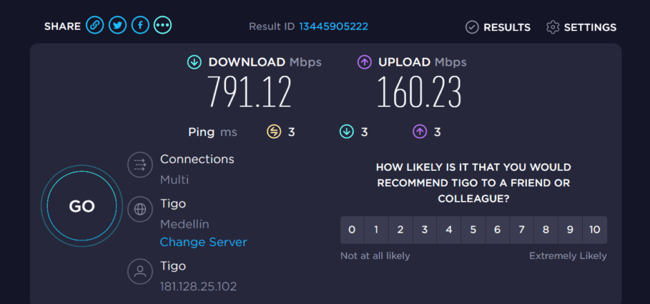 Tigo speed reading outside of Medellín