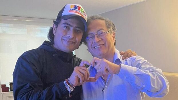 President Gustavo Petro posing for a photo with his son NicolĂ¡s Petro
