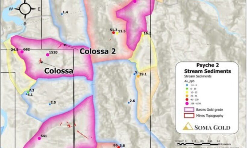 Stream sediment samples collected in the vicinity of the Colossa Mine. (CNW Group/Soma Gold Corp.)