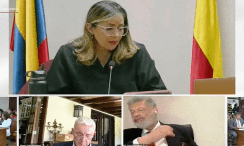 Screen capture from ruling - Top: Judge Sandra Liliana Heredia; Bottom left: Former President Alvaro Uribe; Bottom right: Defense Attorney Jaime Granados.