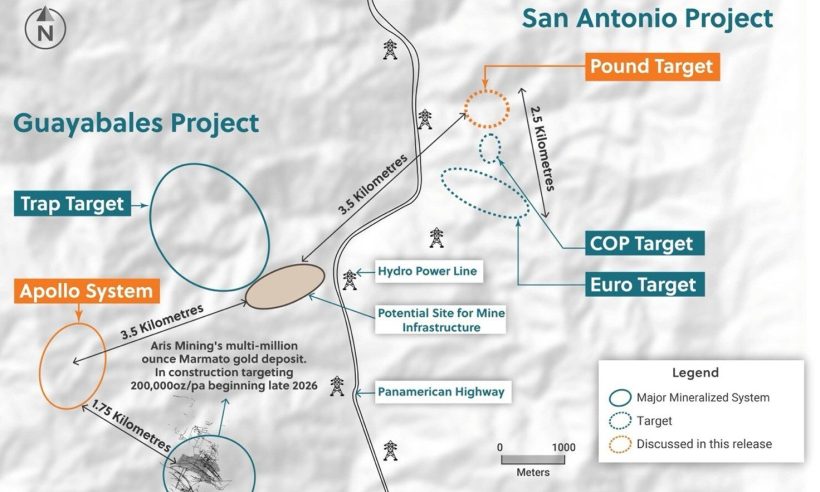 Figure 4: Plan View of the San Antonio and Guayabales Projects Highlighting the Pound Target and the Apollo System (CNW Group/Collective Mining Ltd.)