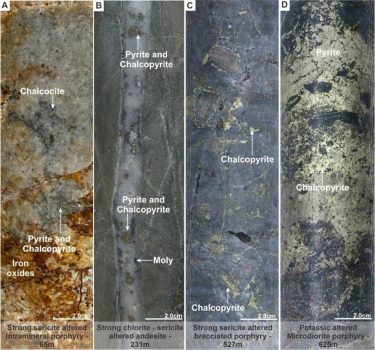 Figure 4. Mineralization and hydrothermal alteration observed in hole MD-056. A). Strong sericite altered Intramineral porphyry with disseminated chalcocite and late iron oxides. B). Strong chlorite - sericite altered Intramineral porphyry with quartz-chalcopyrite-moly veining (B-type). C). Strong sericite altered brecciated porphyry with chalcopyrite as matrix in-fill. D). Potassic altered microdiorite porphyry with massive chalcopyrite and pyrite. (CNW Group/COPPER GIANT RESOURCES CORP.)
