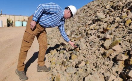 Col. John P. Kunstbeck scans uranium ore for alpha and beta radiation signatures outside of a uranium mill. Kunstbeck is the chief of staff for the 20th Chemical, Biological, Radiological, Nuclear, Explosives (CBRNE) Command and the senior Nuclear and Countering Weapons of Mass Destruction officer for the command. During Operation Pay Dirt, the Aberdeen Proving Ground, Maryland-based Nuclear Disablement Team 1 trained at the White Mesa uranium mill in Utah and the Nichols Ranch in-situ recovery mine and plant north of Casper, Wyoming, April 4 - 8. (Photo Credit: U.S. Army photo by Maj. Mark S. Quint)
