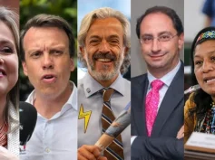 From left to right: Edna Bonilla, Leonardo Huerta, Juan Daniel Oviedo, Juan Manuel Restrepo, and Aida Quilcué.