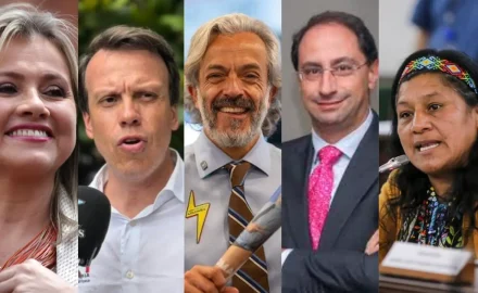 From left to right: Edna Bonilla, Leonardo Huerta, Juan Daniel Oviedo, Juan Manuel Restrepo, and Aida Quilcué.