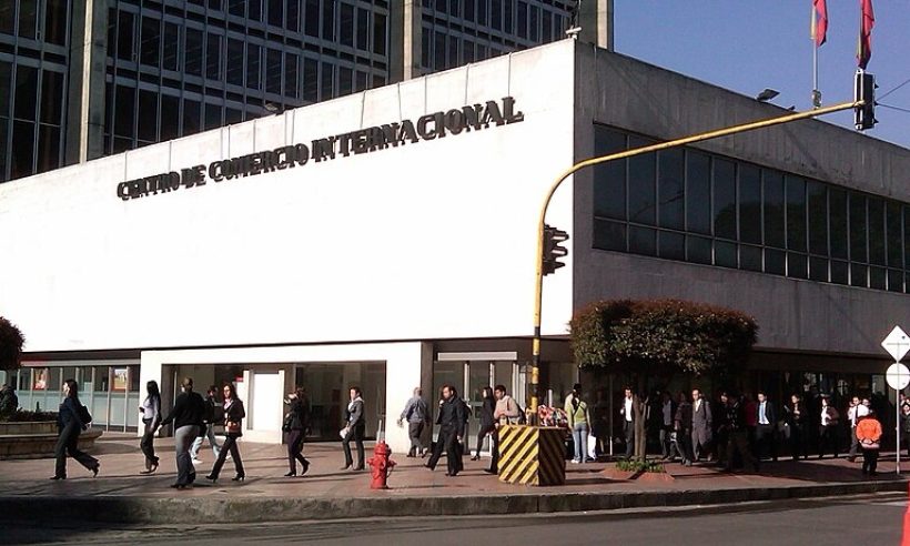 Exterior view of the Centro de Comercio Internacional in Bogotá, Colombia, a commercial office building located in the city’s business district.
